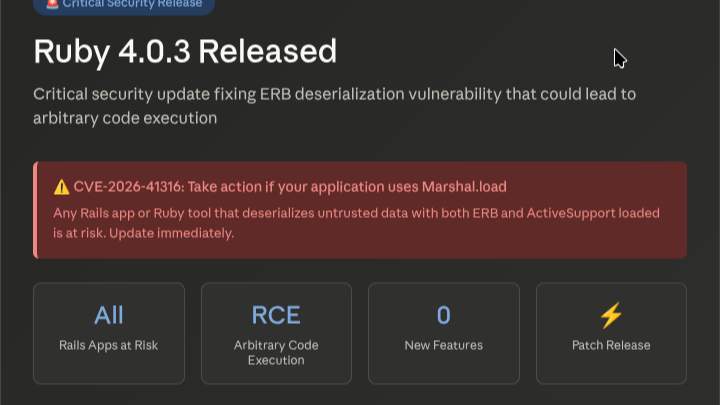 Ruby 4.0.3 Released: Critical ERB Deserialization Fix